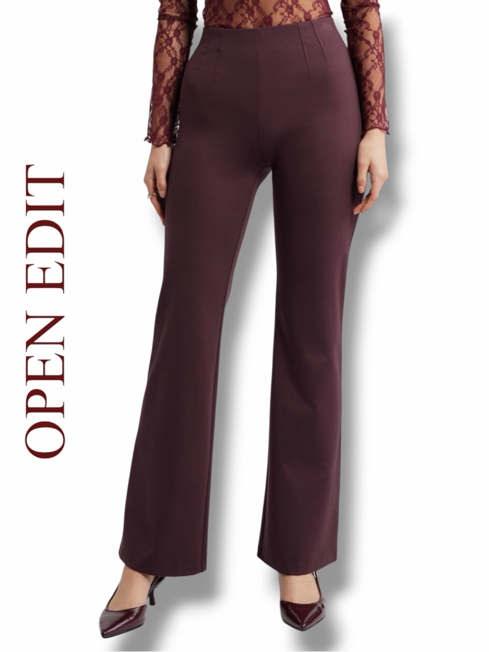 Open Edit Women's High-Rise Flare Pants in the Size XL in Burgundy Fudge Color